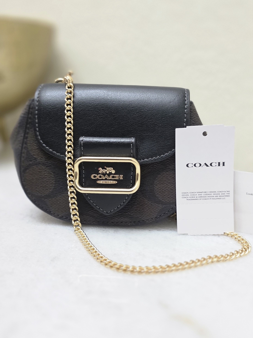 COACH Black Signature Leather Crossbody with Gold Chain